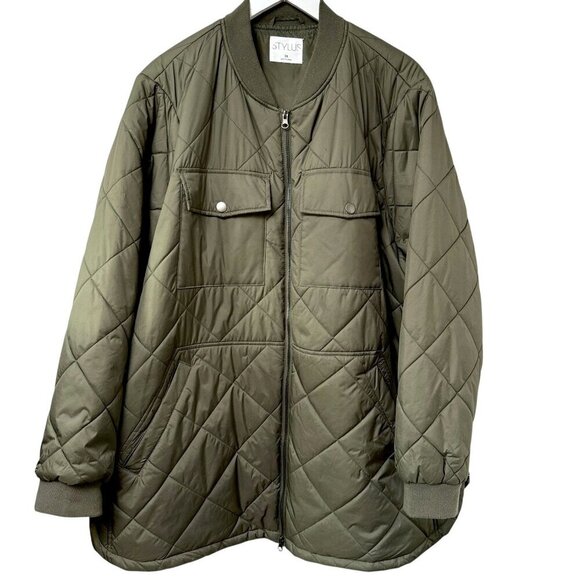 Stylus Quilted Jacket Plus Size 2X Olive Green Light Puffer Coat Utility - Picture 1 of 12